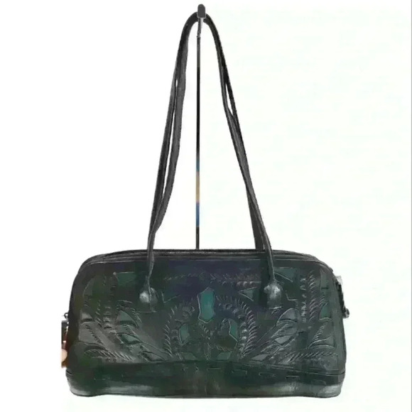Leaders In Leather Black Hand Tooled Vtg Lined Shoulder Bag Made in Paraguay. - Picture 1 of 12
